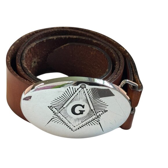 Levi Leather Belt with Solid Brass Masonic Freemasons Belt Buckle - Picture 4 of 8
